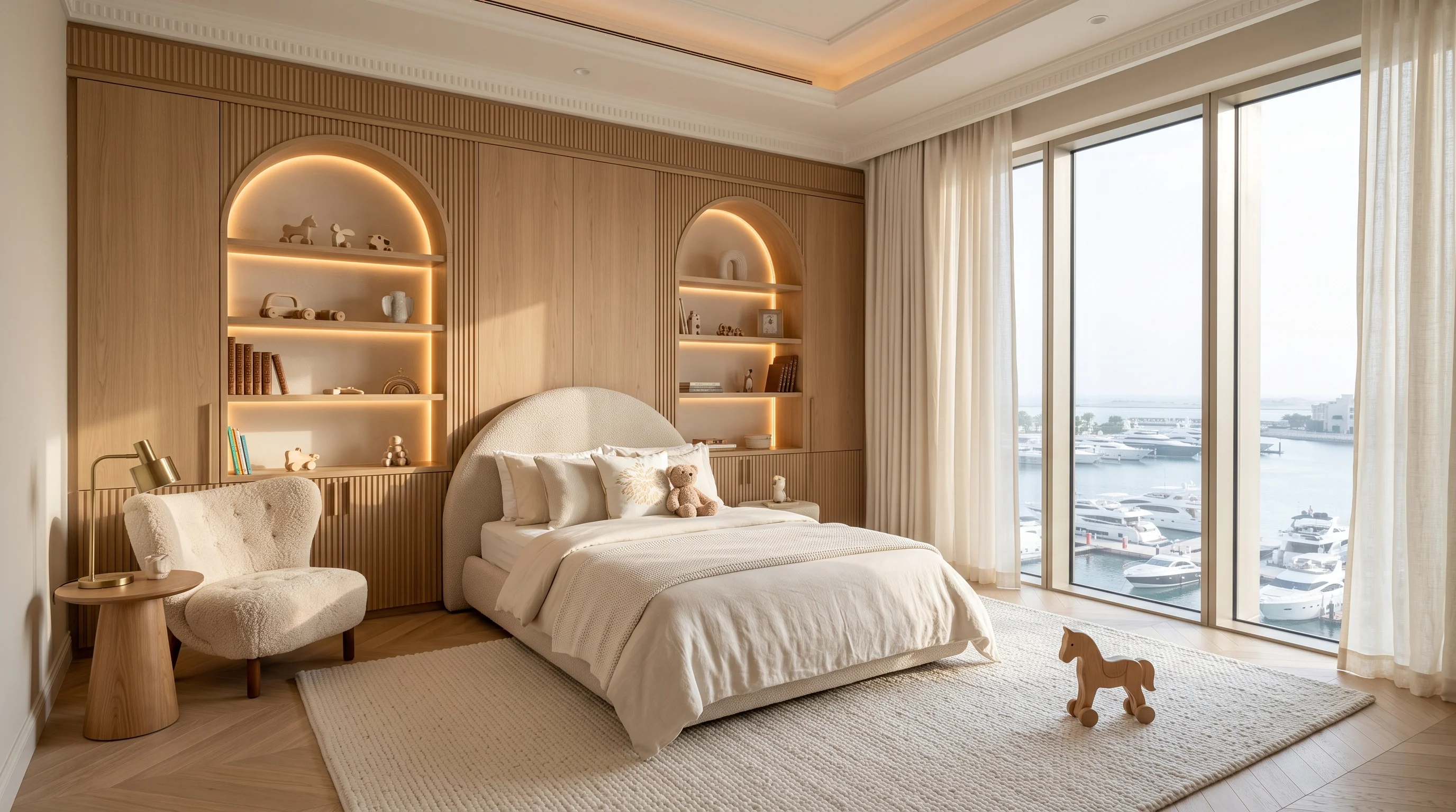 Organic Belgian linen curtains and curved bouclé reading corner in The Pearl-Qatar